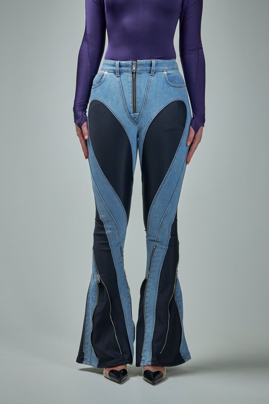 Jeans | Mugler Bi-Material Spiral Flared Jeans