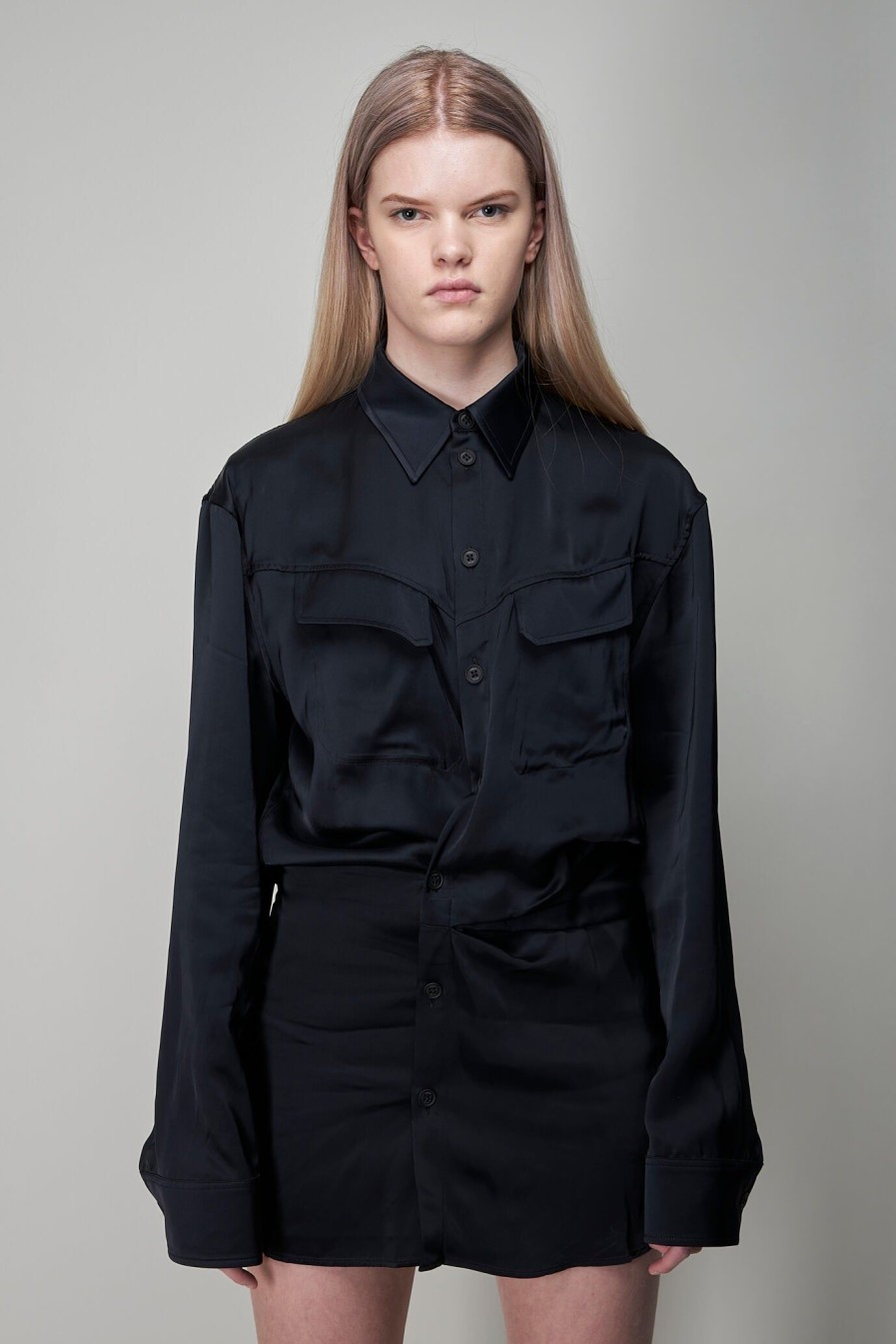 Jurken | Off-White Toybox Satin Twist Shirt Dress, Black