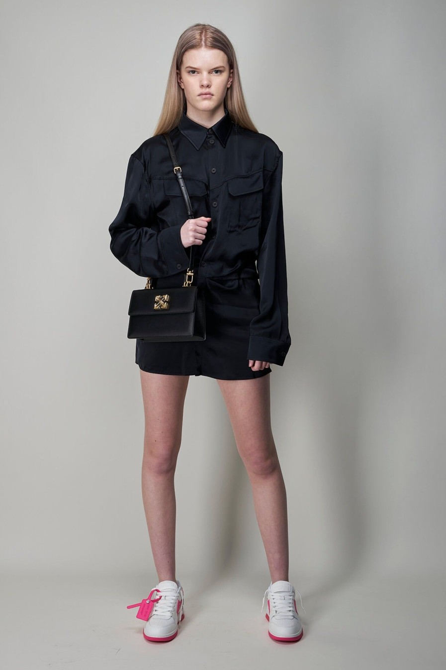 Jurken | Off-White Toybox Satin Twist Shirt Dress, Black